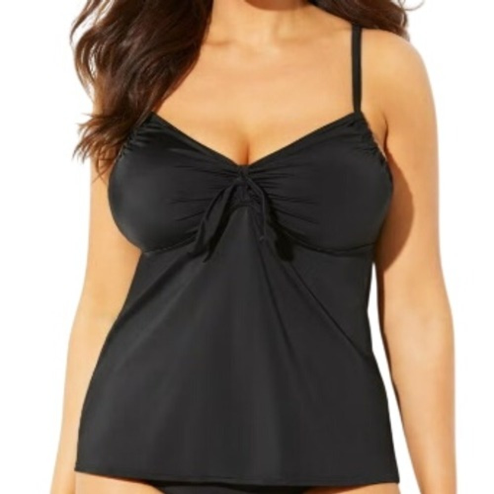 SWIMSUITS FOR ALL Women's‎ 28 Black Twist Front Tankini Swimsuit Top Underwire